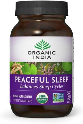 Supplement bottle labeled 'Peaceful Sleep' by Organic India on a white background