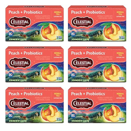 Celestial Seasonings - Peach Probiotics Herb Tea, 16 Bags (Pack of 6) - Gluten-Free, Dairy-Free