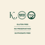 Certification logos for keto, paleo, gluten-free, no preservatives, and glyphosate-free on a beige background.