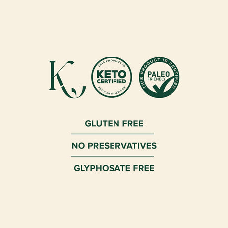 Certification logos for keto, paleo, gluten-free, no preservatives, and glyphosate-free on a beige background.