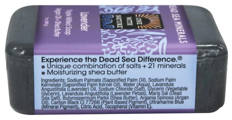 Bar of soap with a purple label detailing ingredients and benefits, on a black background.