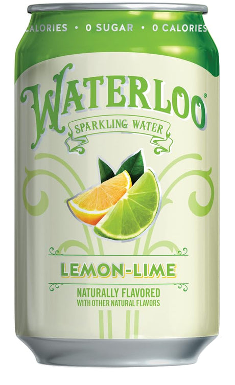 Can of Waterloo sparkling water lemon-lime flavor on a white background