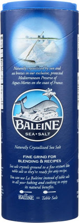 Baleine sea salt container with blue label and text