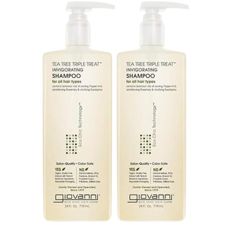 Two bottles of Giovanni Tea Tree Triple Treat Invigorating Shampoo on a white background