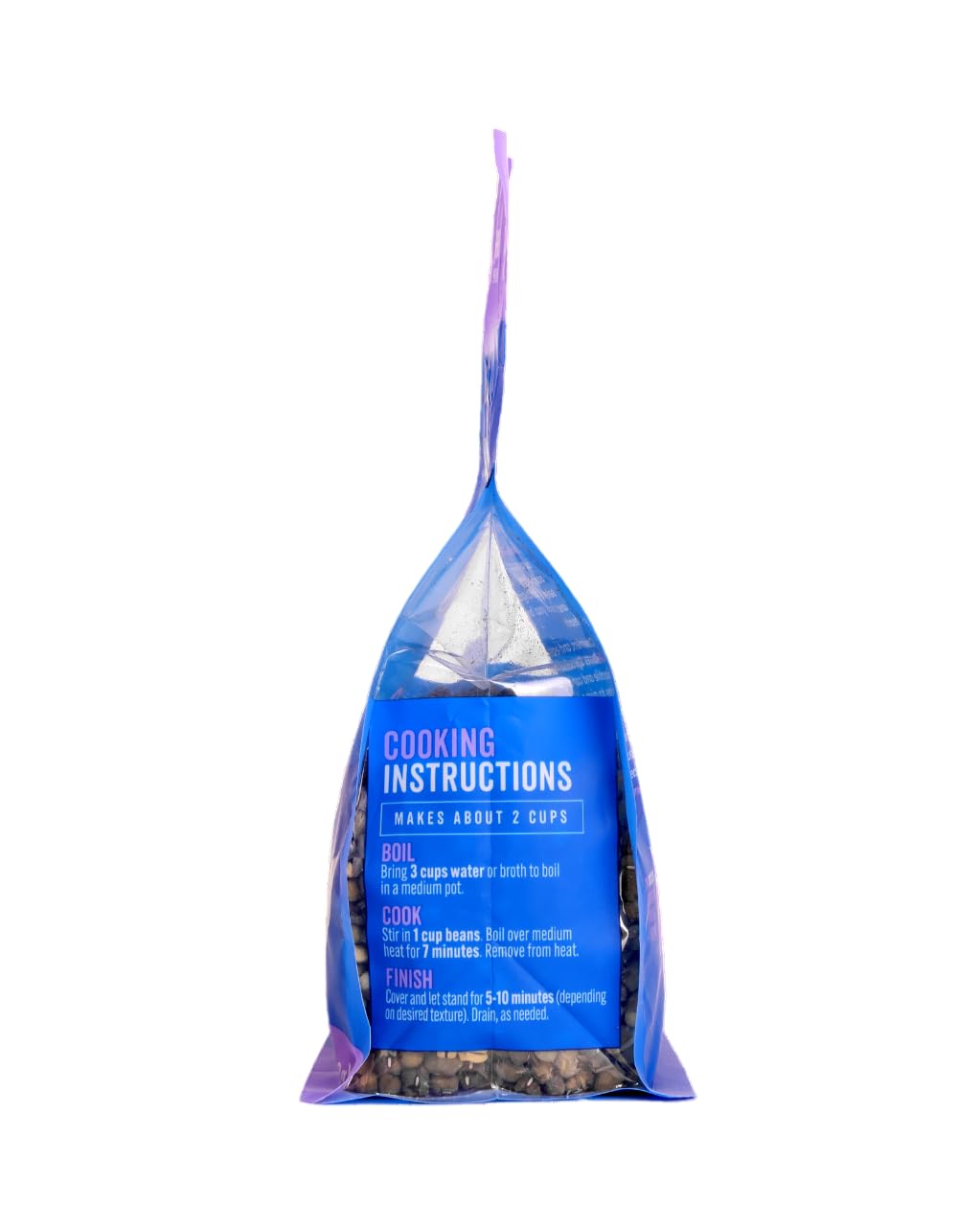 Blue package with cooking instructions on a white background