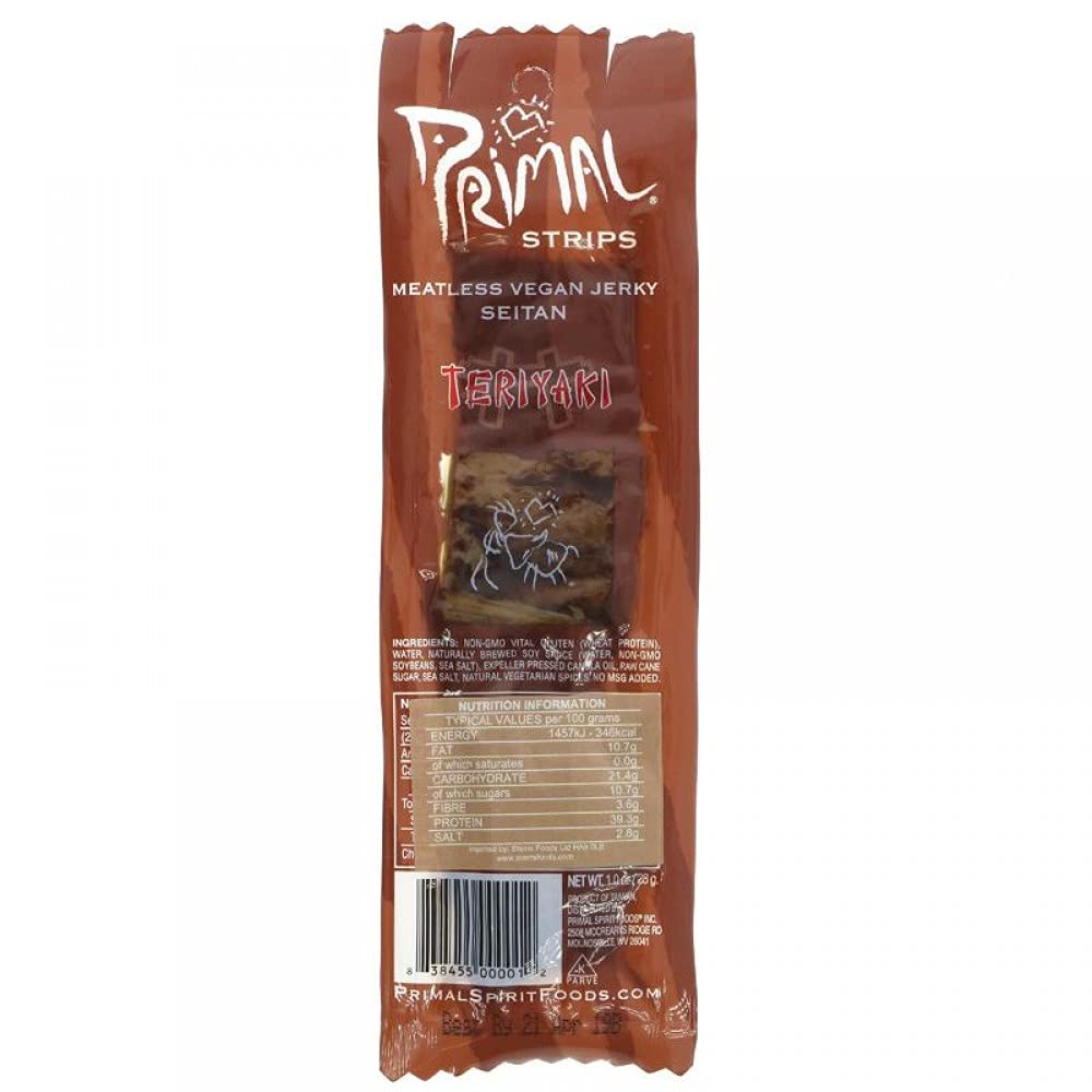 Primal Strips Vegan Jerky, Teriyaki, Meatless Seitan, 1 oz, Case of 24