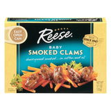 Box of Reese Baby Smoked Clams with a yellow border and black center.