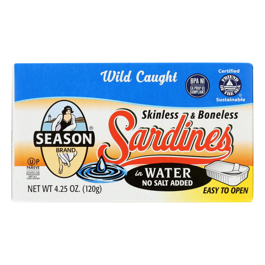Season Brand Skinless and Boneless Sardines in Water (Pack of 12 - 4.25 Oz. No Salt Added) - Cozy Farm 