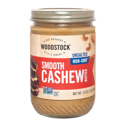 Woodstock Non-GMO Unsalted Smooth Cashew Butter - Case of 12 - 16 oz - Cozy Farm 