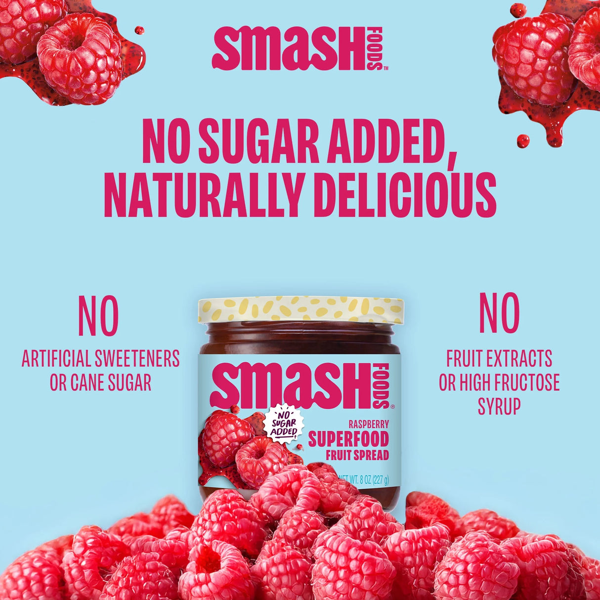 Jar of Smash Foods raspberry superfood fruit spread surrounded by raspberries on a blue background