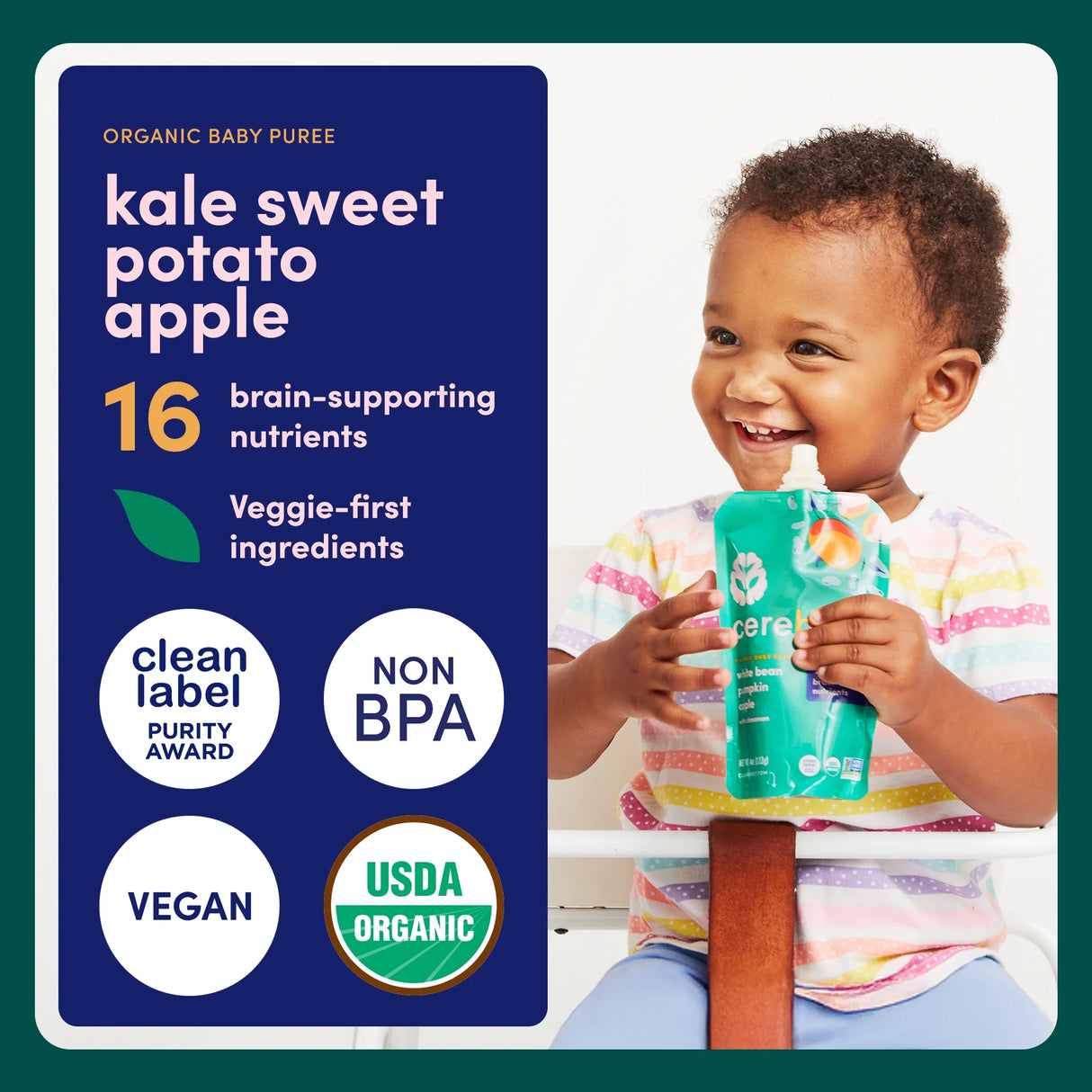 Child holding a container of organic baby puree with product details on a blue background