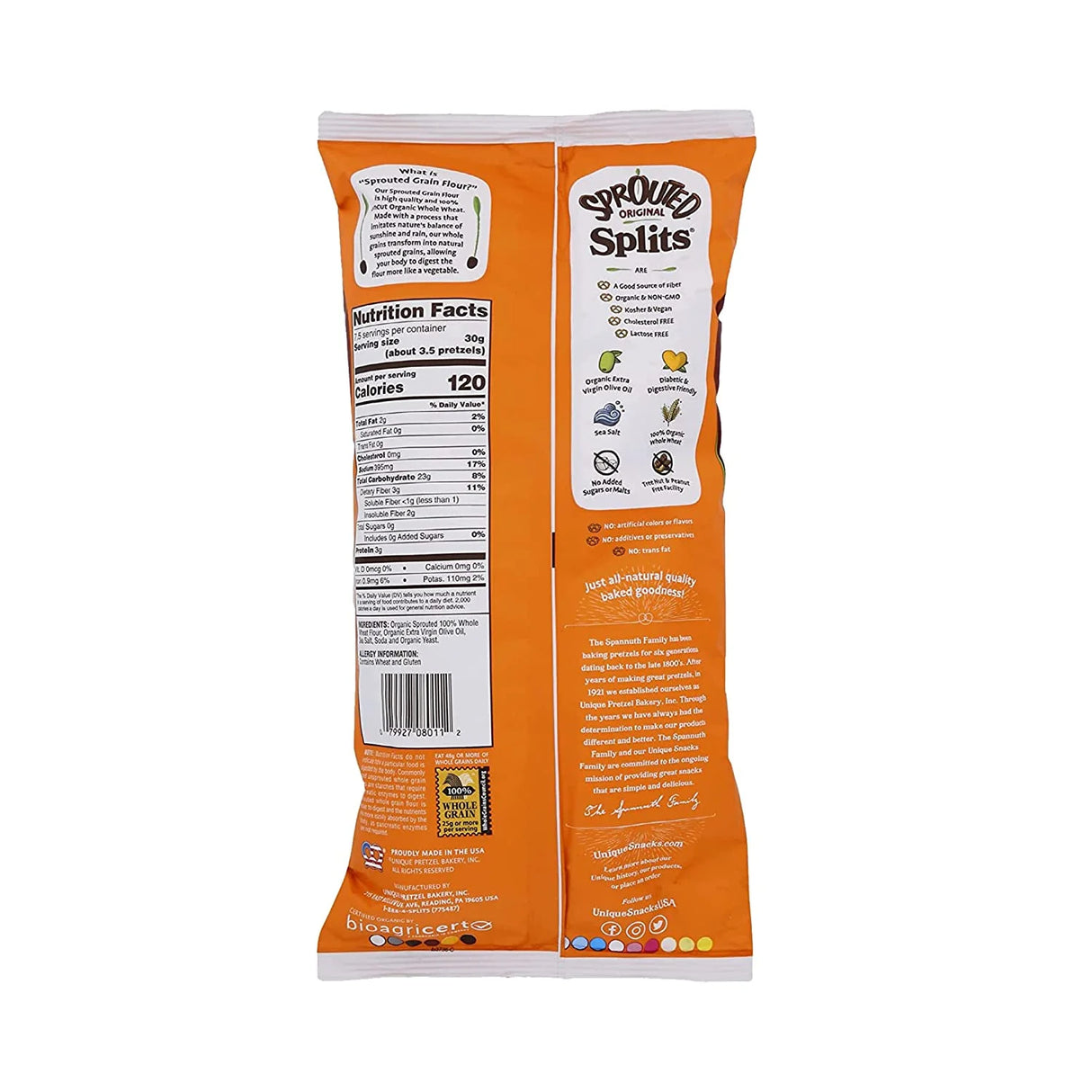 Unique Pretzels Original Sprouted Grain Pretzel Splits, Case of 12 x 8 oz