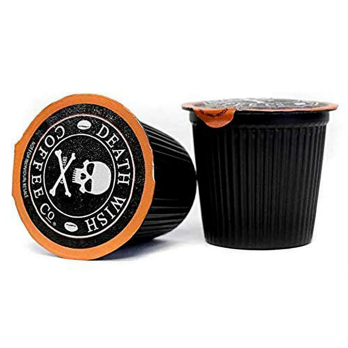Two coffee pods with 'Death Wish Coffee Co.' branding on a white background