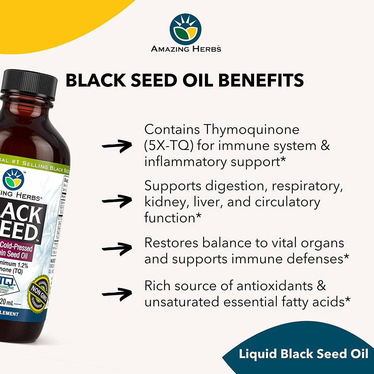 Bottle of Amazing Herbs Black Seed Oil with benefits listed on a white background