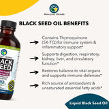 Bottle of Amazing Herbs Black Seed Oil with benefits listed on a white background