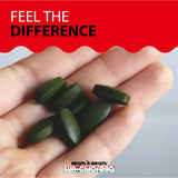 Hand holding green pills with 'Feel the Difference' text and Sun-Chlorella logo.