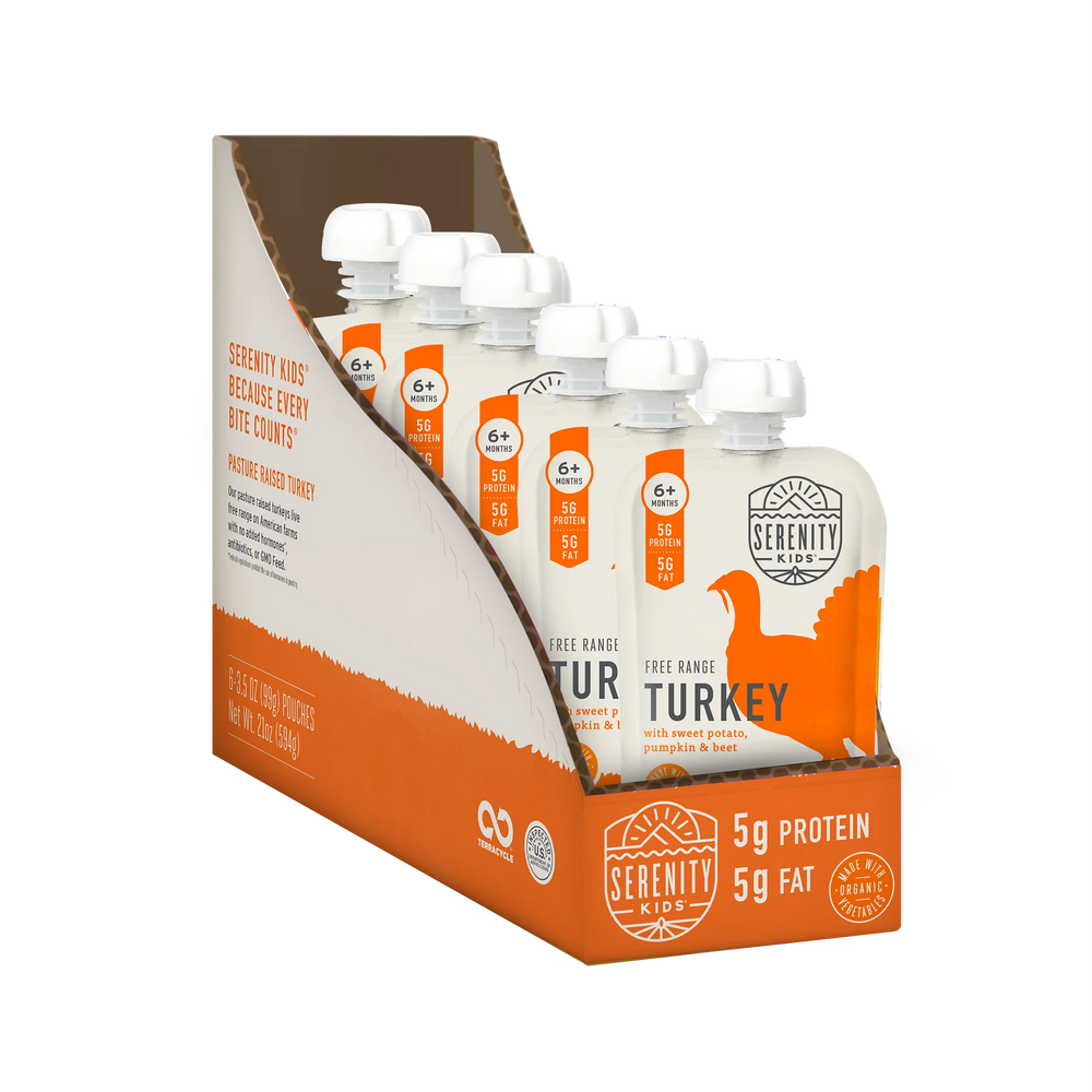 Packaging of Serenity Kids turkey products with visible branding and product details.
