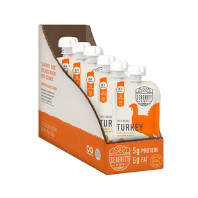 Packaging of Serenity Kids turkey products with visible branding and product details.