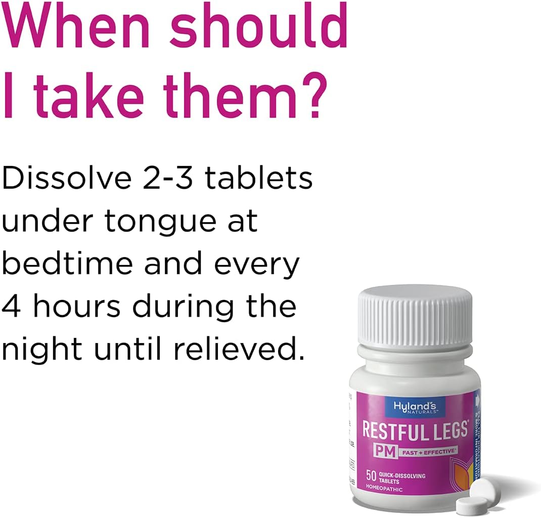 Bottle of Hyland's Restful Legs PM tablets with usage instructions on a white background