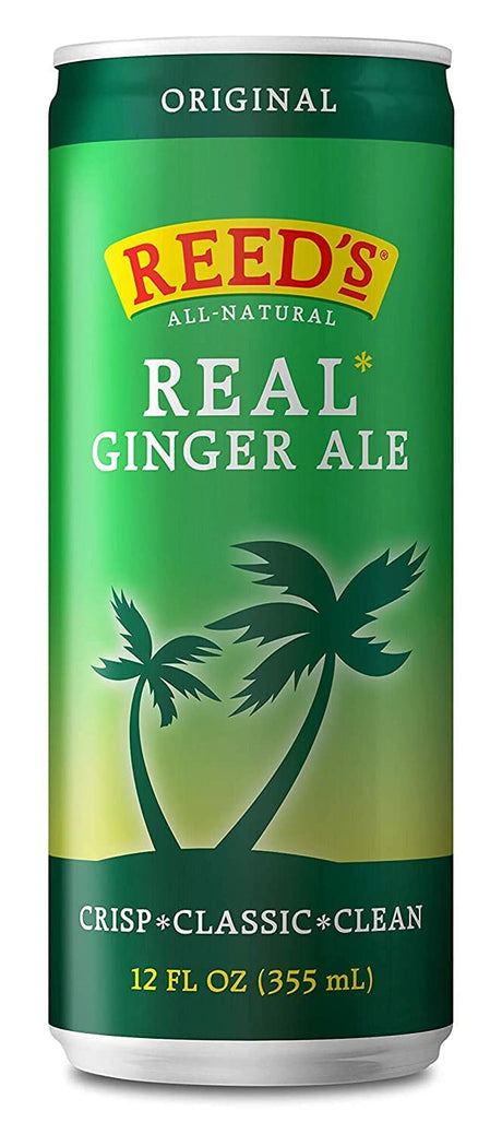 Green can of Reed's Real Ginger Ale with palm tree graphics on a white background