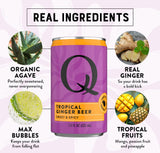 Purple can of Q Tropical Ginger Beer with ingredients listed on a white background