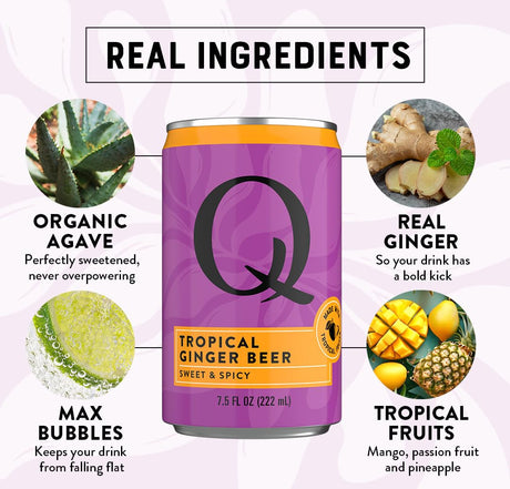 Purple can of Q Tropical Ginger Beer with ingredients listed on a white background