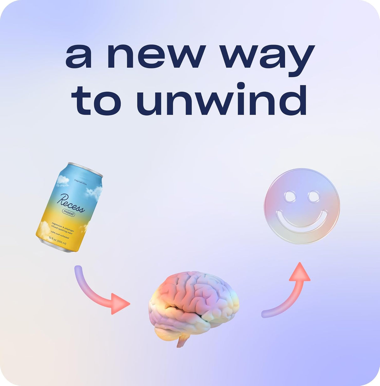 Canned product with a brain and smiley face illustration on a light blue background, labeled 'a new way to unwind'.