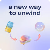 Canned product with a brain and smiley face illustration on a light blue background, labeled 'a new way to unwind'.