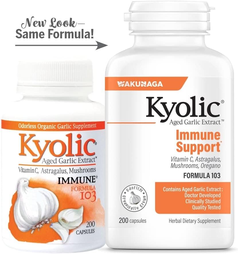 Two bottles of Kyolic Aged Garlic Extract with immune support on a white background
