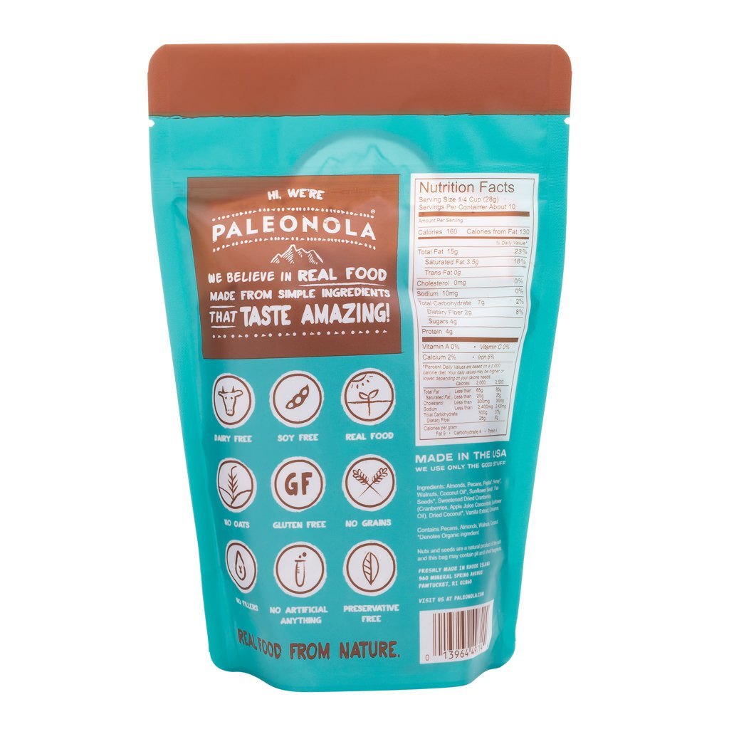 Teal package with brown lid featuring Paleonola branding and nutritional information.