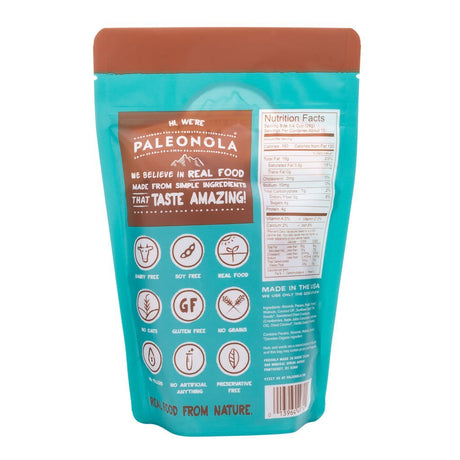 Teal package with brown lid featuring Paleonola branding and nutritional information.