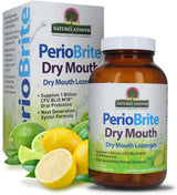 PerioBrite Dry Mouth Lozenges packaging with Nature's Answer branding, featuring a bottle and box with lemon and lime graphics.