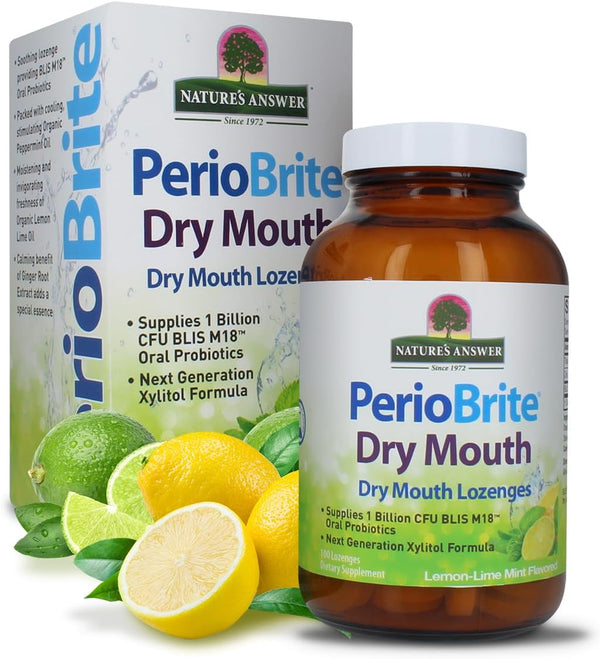 PerioBrite Dry Mouth Lozenges packaging with Nature's Answer branding, featuring a bottle and box with lemon and lime graphics.