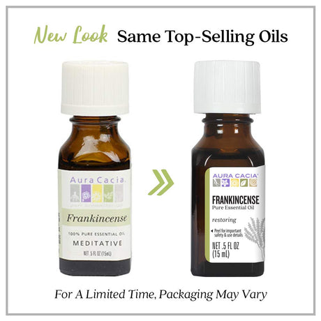 Two bottles of Aura Cacia Frankincense essential oil with a label indicating a new look but same top-selling oils.