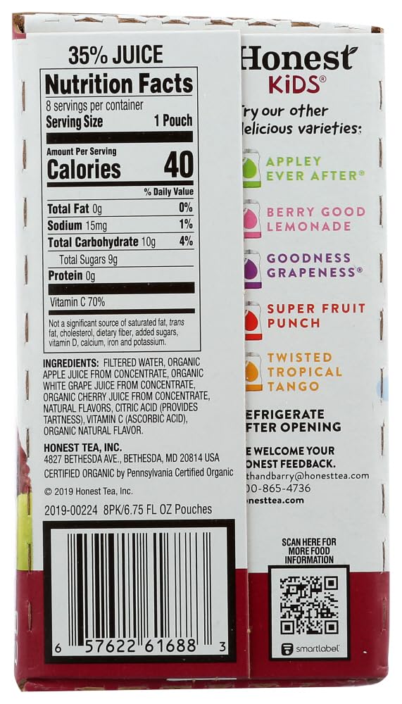 Honest Kids Organic Juice Drink, Cherry Go Round, Case of 4 Boxes, 32 Pouches, 6.75 Fl Oz Each