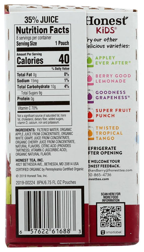 Honest Kids Organic Juice Drink, Cherry Go Round, Case of 4 Boxes, 32 Pouches, 6.75 Fl Oz Each