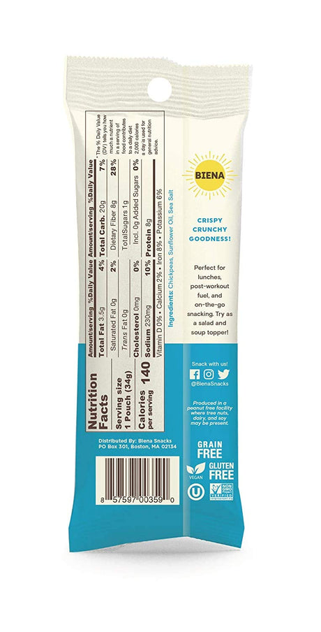 Biena Roasted Chickpea Snacks, Sea Salt, 1.2 oz, Case of 10