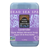 Dead Sea Spa lavender soap bar with purple packaging on a white background