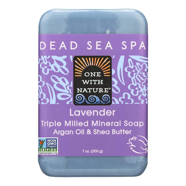 Dead Sea Spa lavender soap bar with purple packaging on a white background