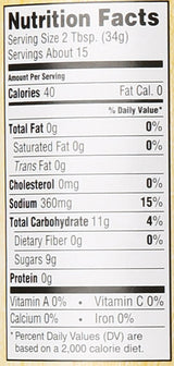 Nutrition facts label for a product with 40 calories per serving, 360mg of sodium, and no fat or protein.