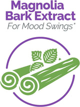 Logo for Magnolia Bark Extract with green bark and leaves and purple text on a white background