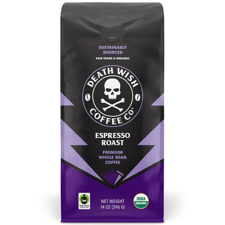 Death Wish Coffee - Organic Espresso Whole Bean, 14 oz (Case of 6) - Strongest Coffee