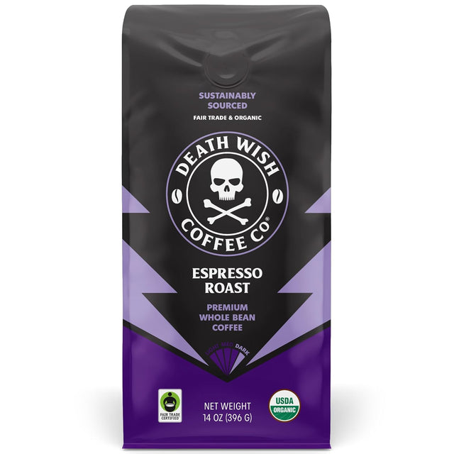 Death Wish Coffee - Organic Espresso Whole Bean, 14 oz (Case of 6) - Strongest Coffee