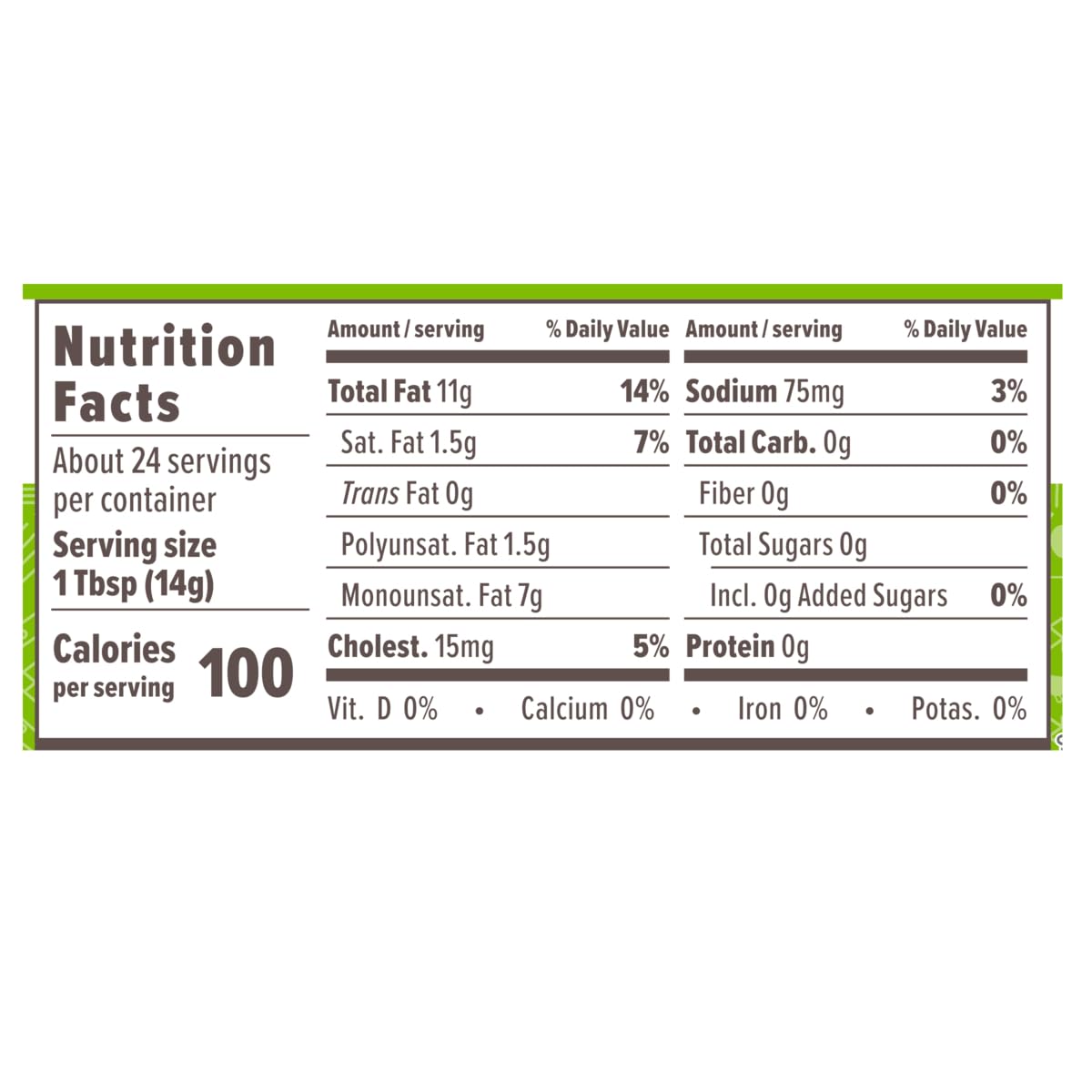 Nutrition facts label for a product with detailed information on fat, sodium, carbohydrates, and other nutrients per serving.