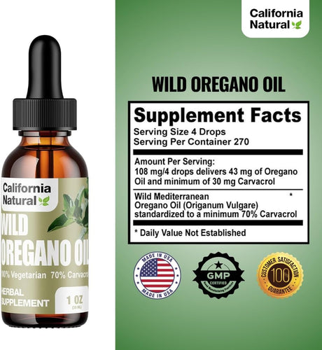 California Natural Wild Oregano Oil bottle with supplement facts label on a green background