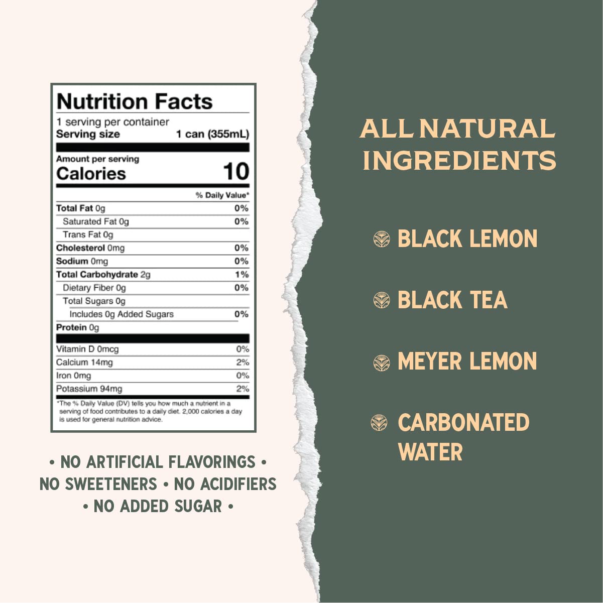 Nutrition facts label and ingredients list for a black lemon black tea drink on a green background.