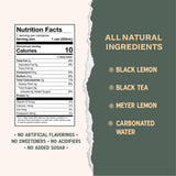 Nutrition facts label and ingredients list for a black lemon black tea drink on a green background.