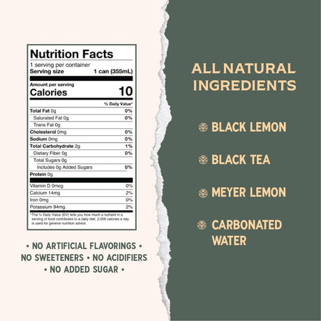 Nutrition facts label and ingredients list for a black lemon black tea drink on a green background.