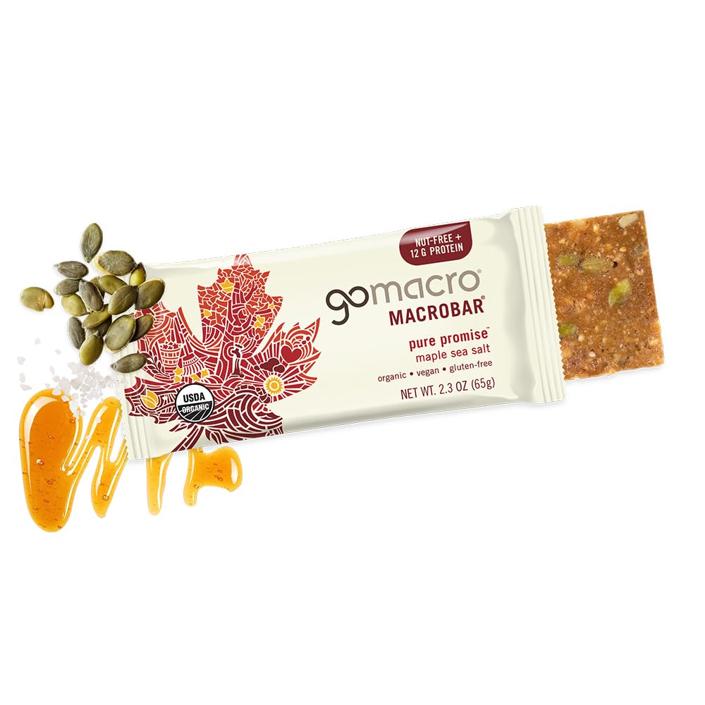 gomacro pure promise maple sea salt bar with packaging and ingredients on a white background