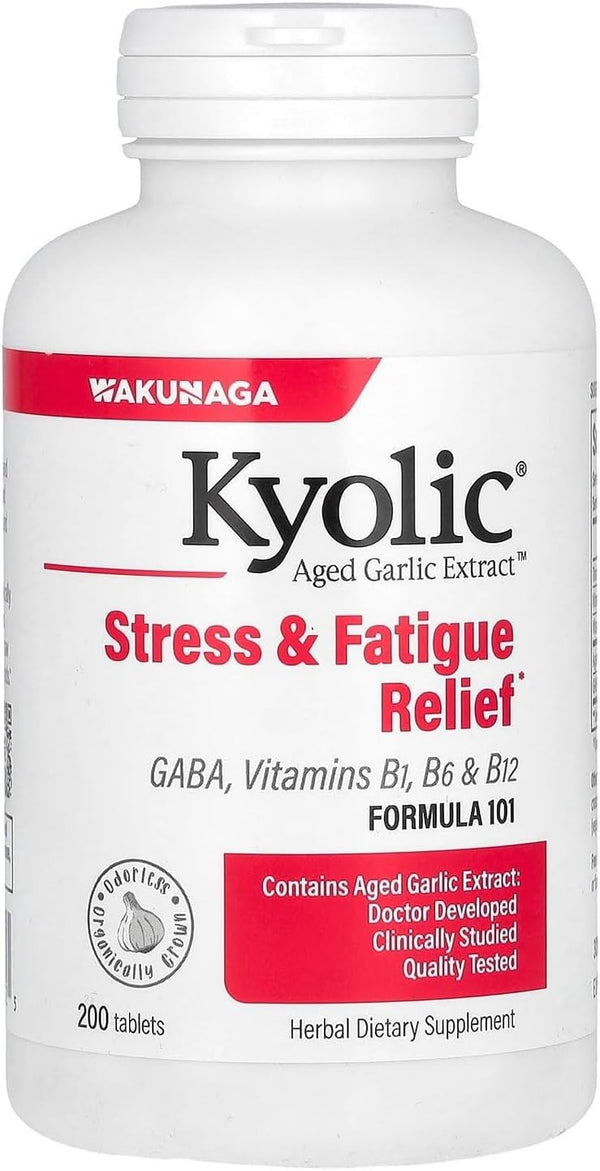 Supplement bottle labeled 'Kyolic' for stress and fatigue relief on a white background